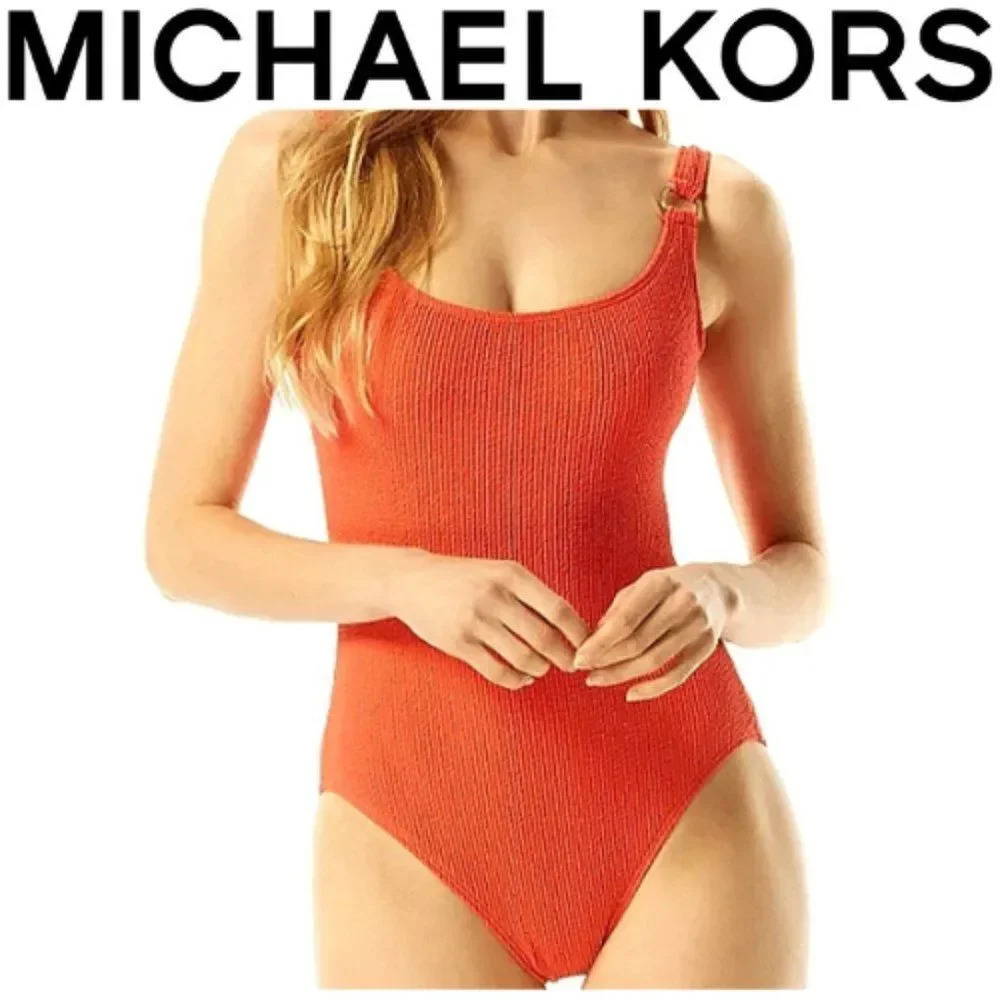 Michael Kors gold accent ribbed Logo one piece orange swimsuit size 8